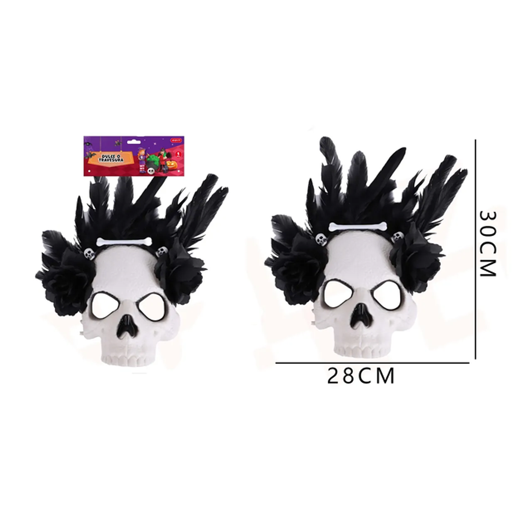 Mascara Halloween Esqueleto Con Plumas Negras 28X30Cm 1