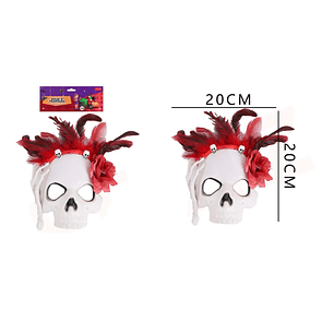 Mascara Halloween Esqueleto Con Plumas Rojas 28X30Cm
