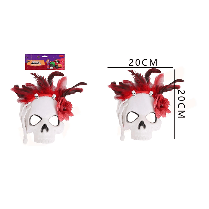 Mascara Halloween Esqueleto Con Plumas Rojas 28X30Cm 1