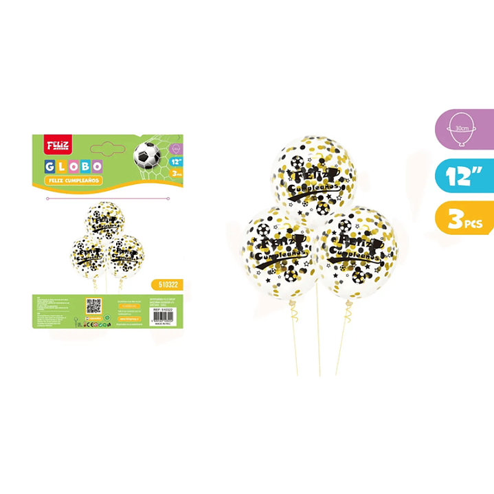 Globos Cumpleaños Fútbol con Lentejuelas Dorado 3pcs 12Pulgadas 1