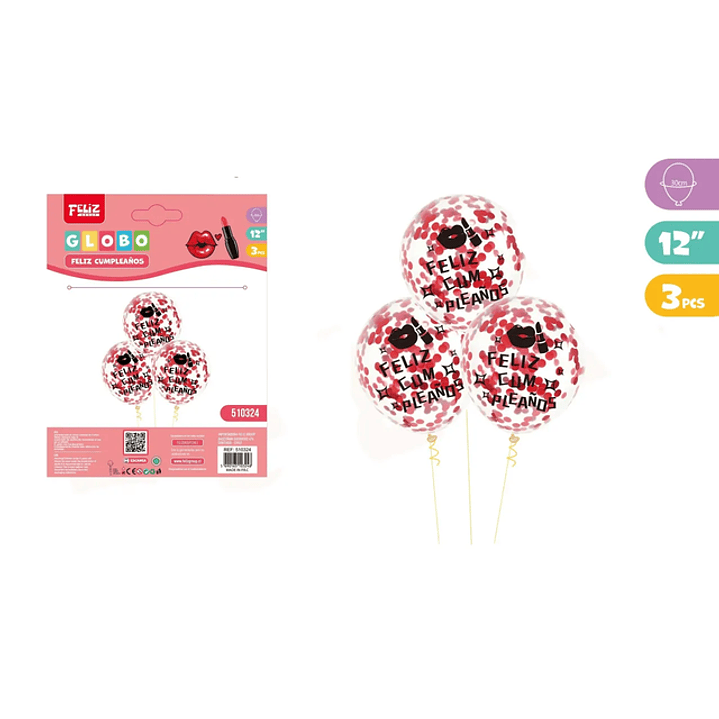 Globos Cumpleaños con Lentejuelas Rojo 3pcs 12Pulgadas 1
