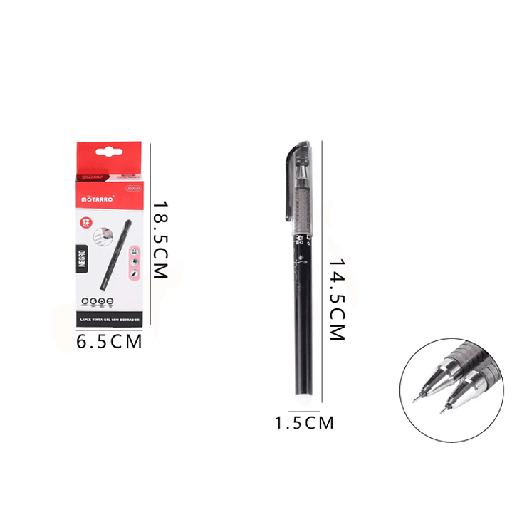 Lápiz Gel Negro con Borrador 14.5cm 12pcs 1