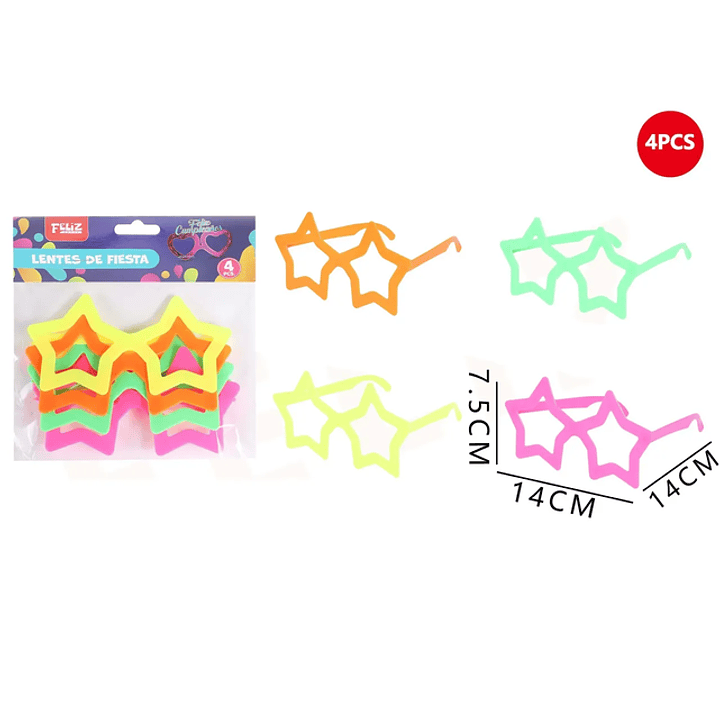 Lentes de Fiesta estrella Colores Flúor 14*14*7.5cm 4pcs 1