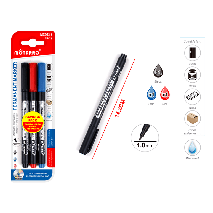 Marcador Permanente 10 Mm 3 Colores 3Pcs 1