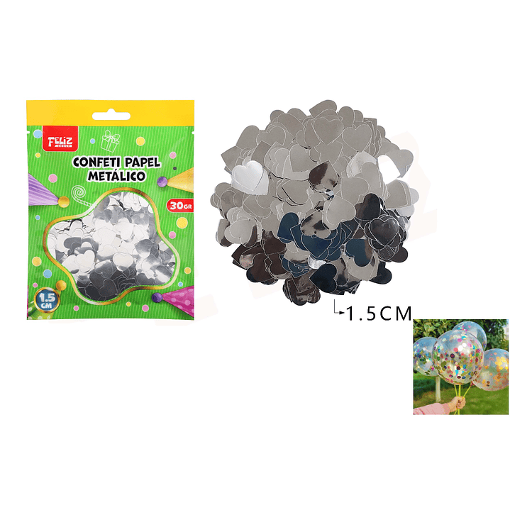 Confeti Papel Metálico Corazón Plateado 1.5Cm 30G 1
