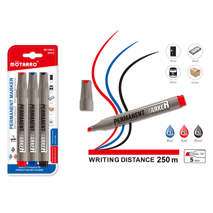 Plumón Permanente Tricolor Biselado 3pcs 5mm 1