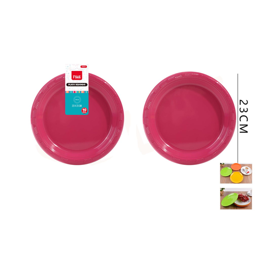 Platos Plástico Redondo Fucsia 23cm 10pcs 1