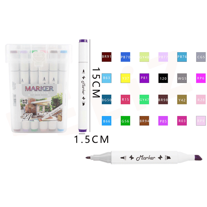 Set de Plumones de Colores Doblepunta 15x1.5cm 24pcs 1