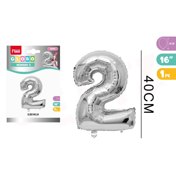 Globo Numero 2 Plateado 40Cm 1