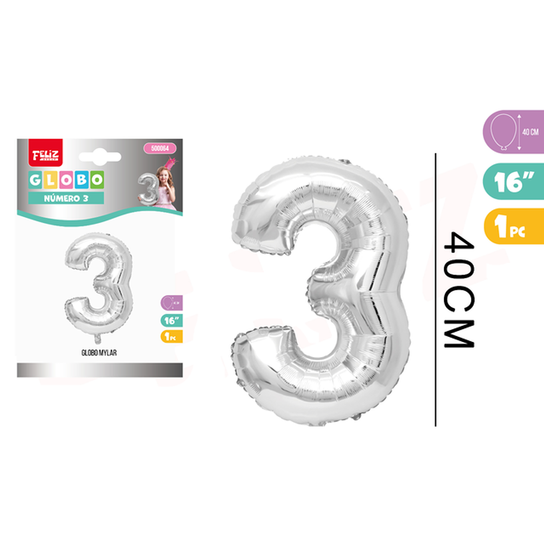 Globo Número 3 Plateado 40cm 1
