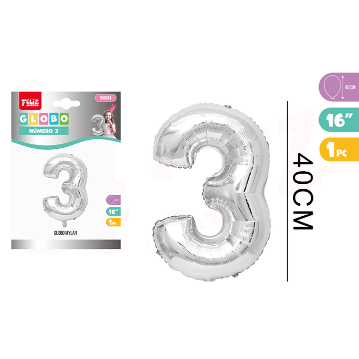 Globo Número 3 Plateado 40cm 1