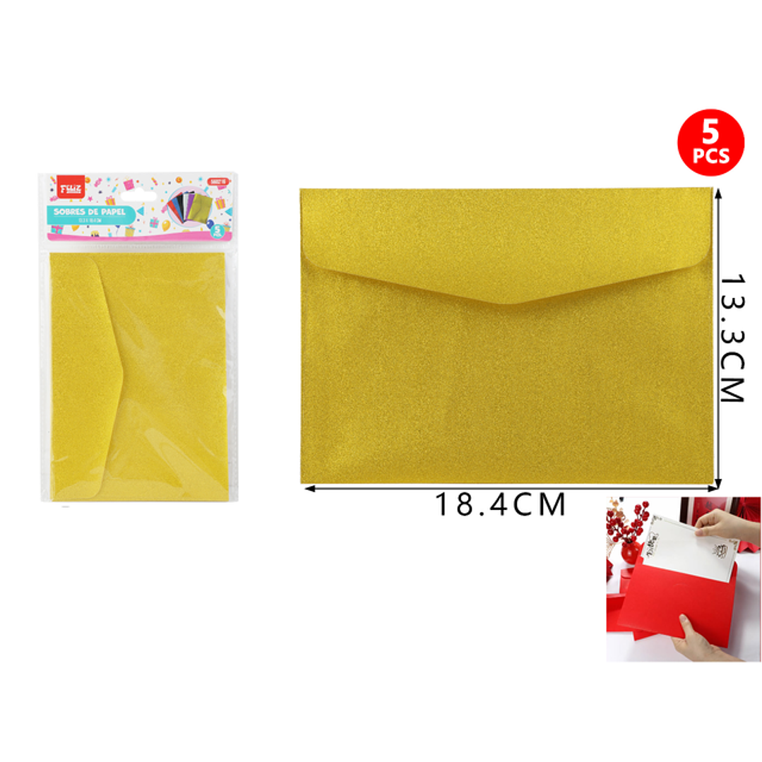 Sobres de papel dorado glitter 13.3*18.4cm 5pcs 1