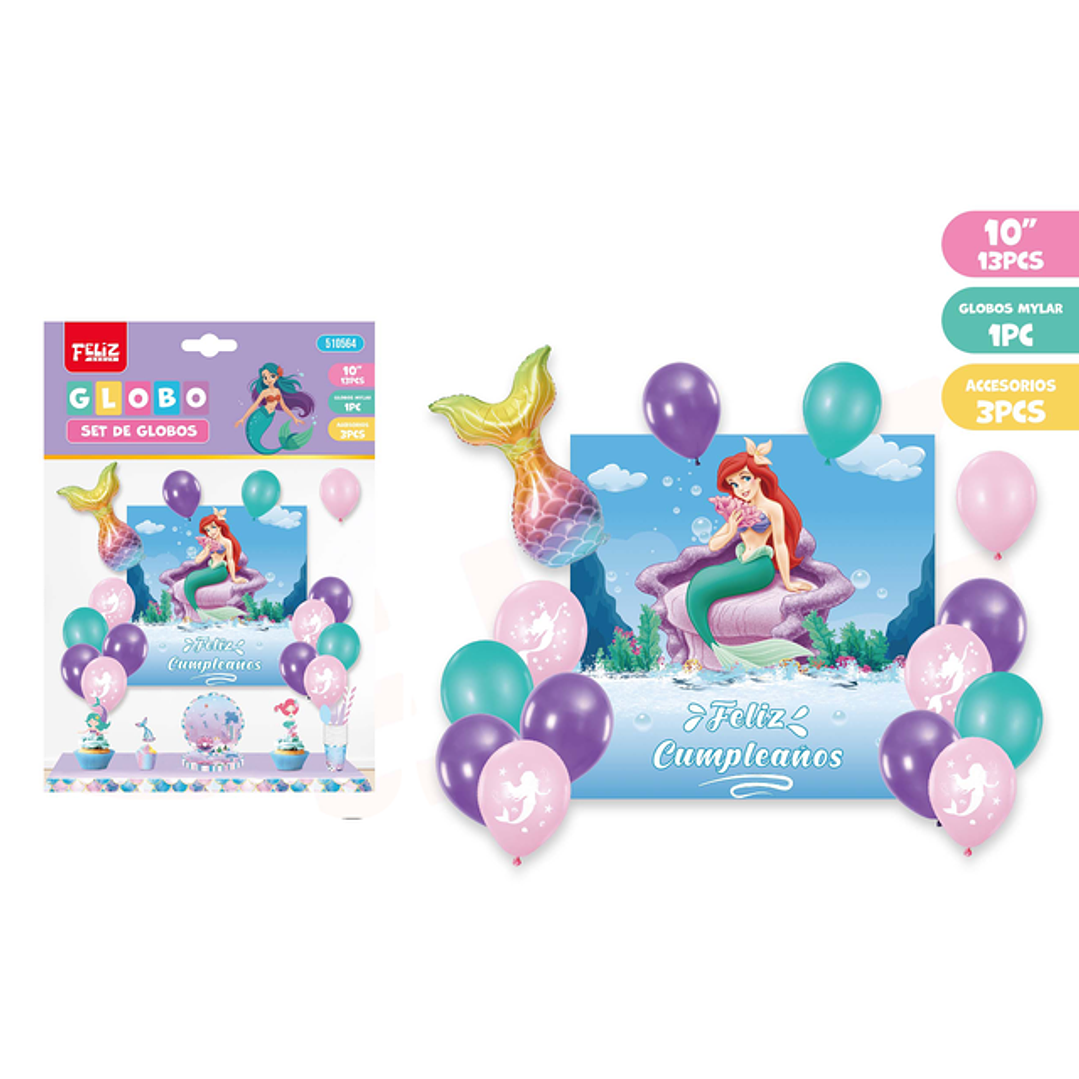 Set de globos+fondo f.cumple sirena 17pcs 1