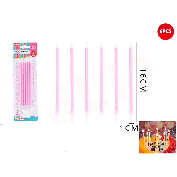 Velas Para Torta Rosado Claro 16Cm 6Pcs 1