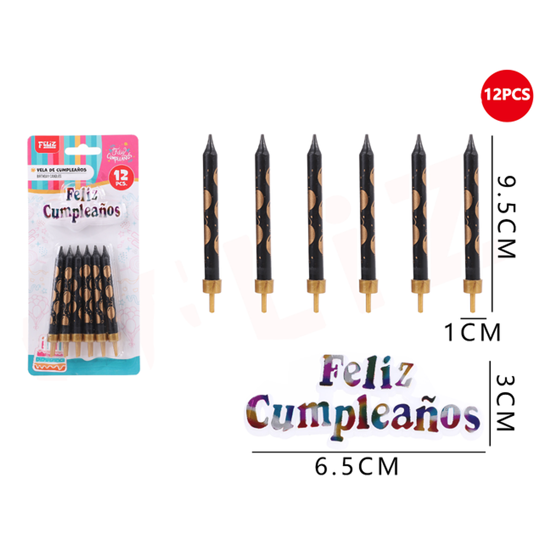 Velas De Torta Negro Dorado Estampado 9.5Cm 12Pcs 1