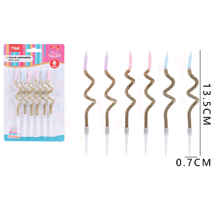 Velas Para Torta Espiral Dorado Glitter 13.5Cm 6Pcs