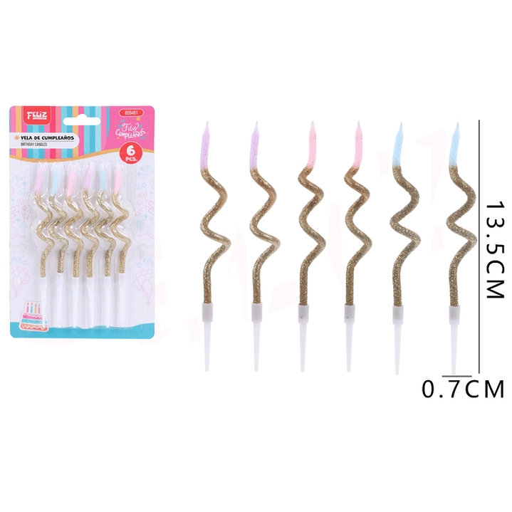 Velas Para Torta Espiral Dorado Glitter 13.5Cm 6Pcs 1