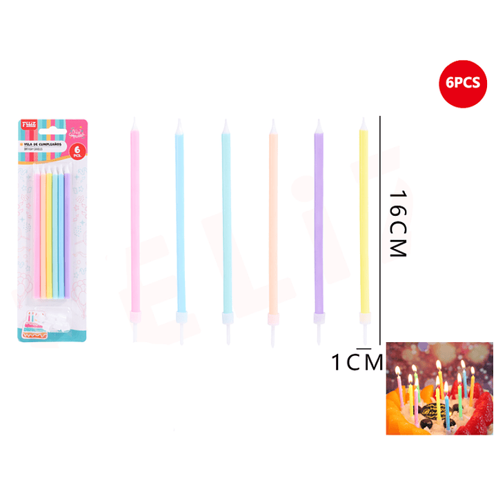 Velas Para Torta Surtidos Claro 16Cm 6Pcs 1