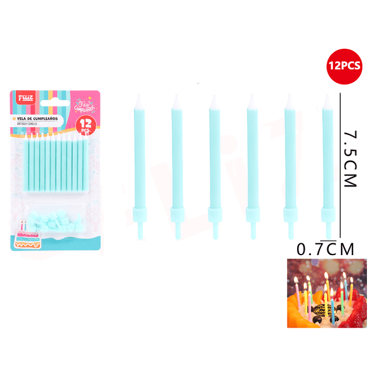 Velas Para Torta Celeste Claro 7.5Cm 12Pcs 1