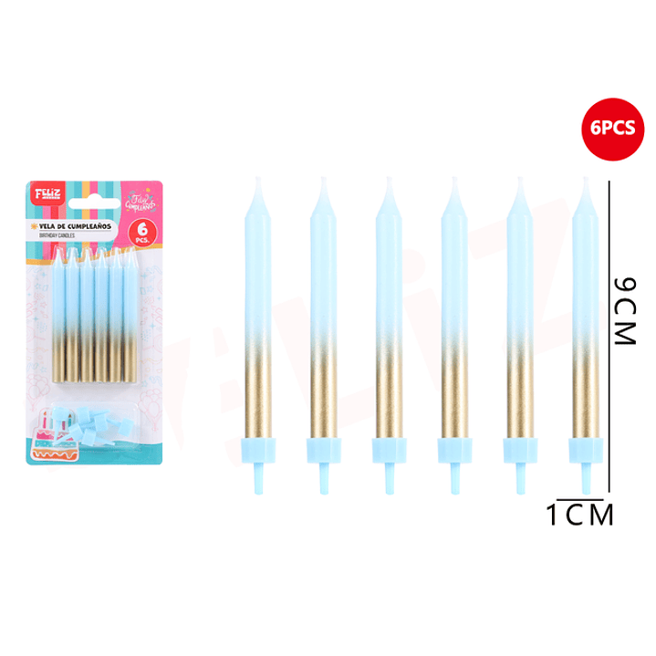 Velas Para Torta Celeste Dorado 9Cm 6Pcs 1