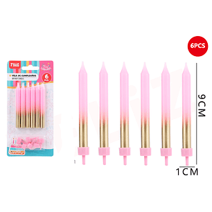 Velas Para Torta Rosado Dorado 9Cm 6Pcs