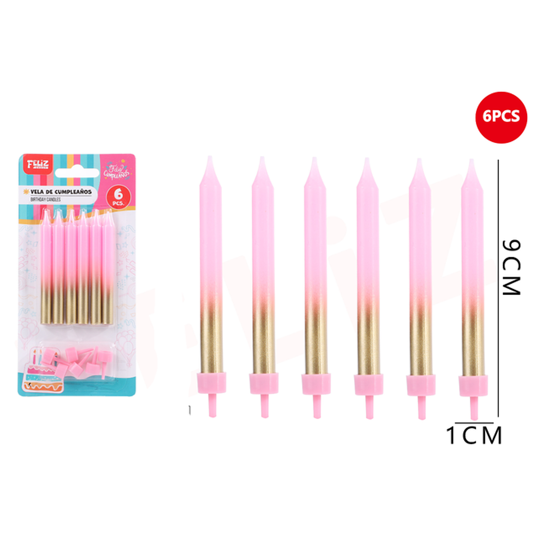 Velas Para Torta Rosado Dorado 9Cm 6Pcs 1