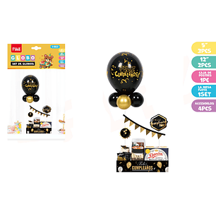 Set De Caja&Globos Para Pasteles Cumple Negro Dorado