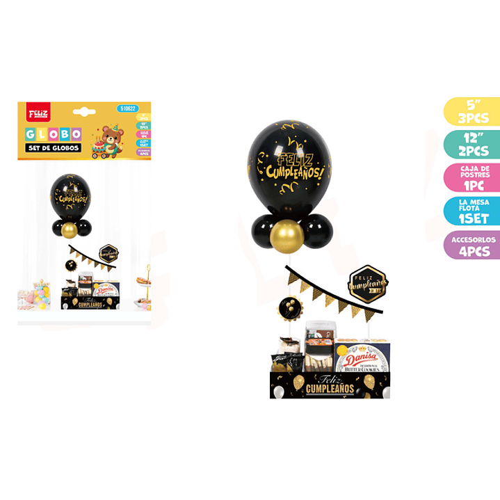 Set De Caja&Globos Para Pasteles Cumple Negro Dorado 1