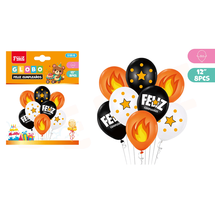 Globos F.Cumpleaños Fuego 8Pcs 12Pul 1