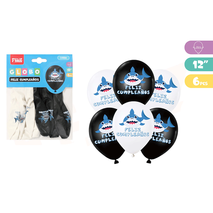 Globos F.Cumpleaños Tiburon 6pcs 30cm 1
