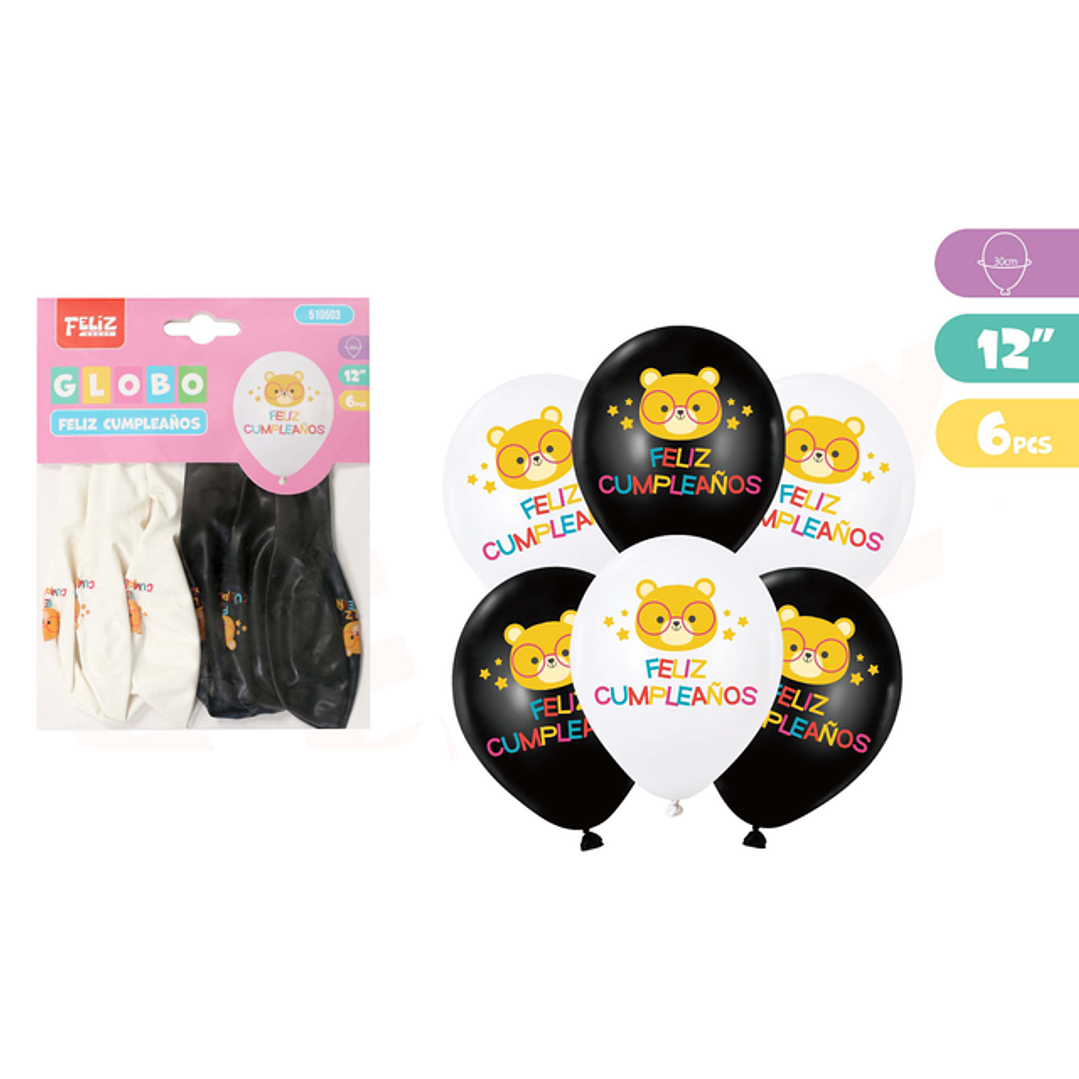 Globos F.Cumpleaños Osito 6pcs 30cm 1