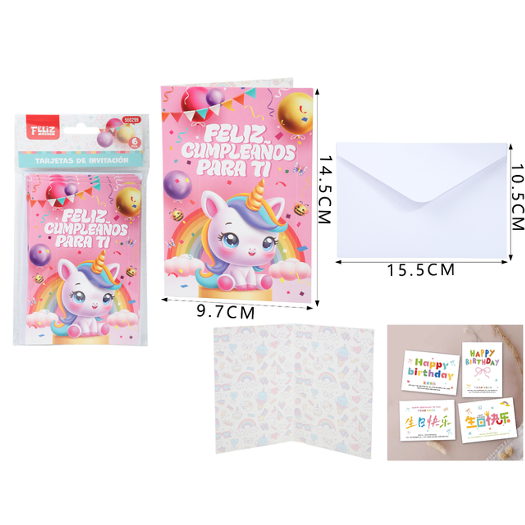 Set De Tarjeta Invitación Feliz Cumple Unicornio 1