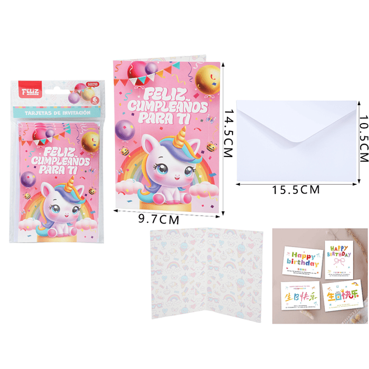Set De Tarjeta Invitación Feliz Cumple Unicornio 1