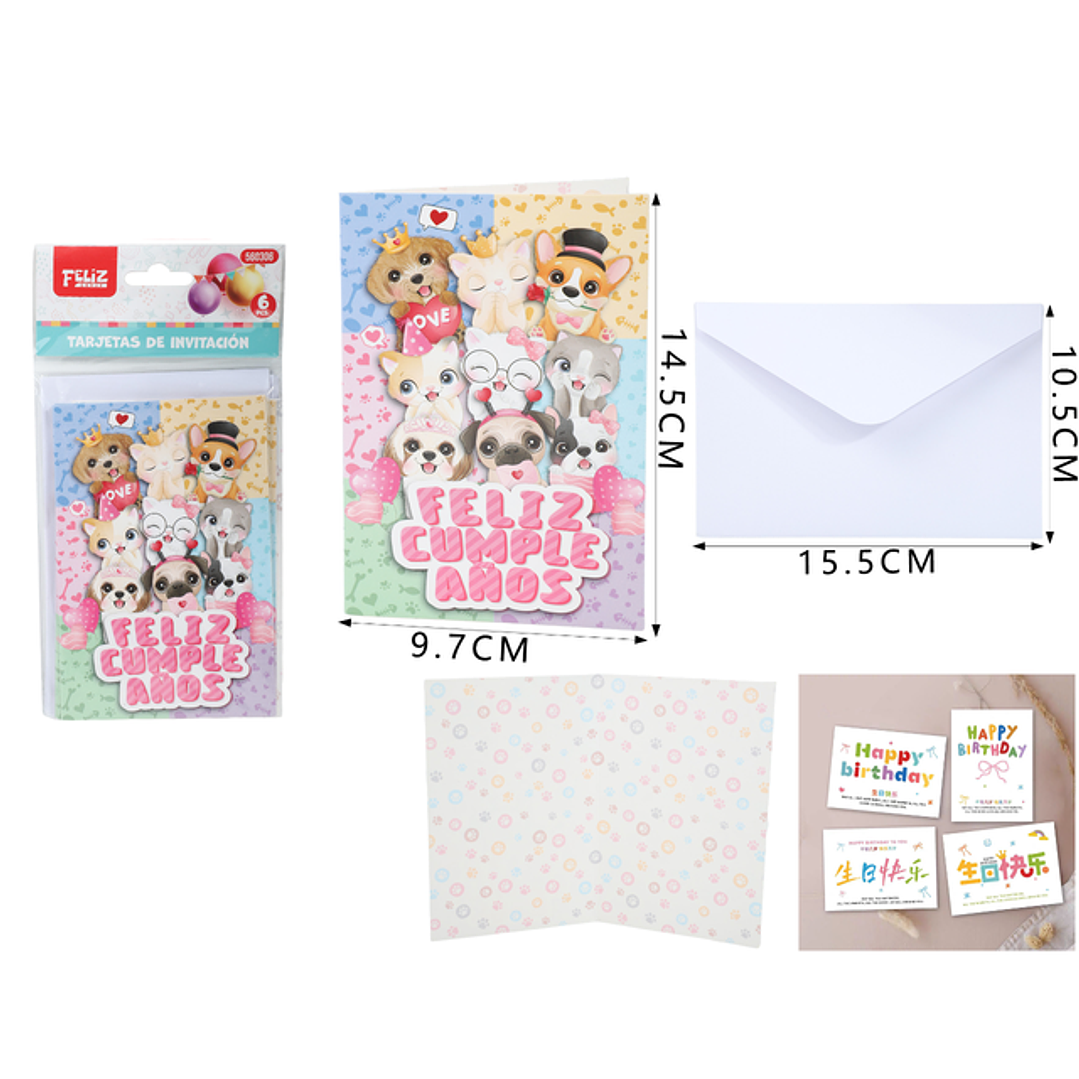 Set De Tarjeta Invitación Feliz Cumple Perritos 1