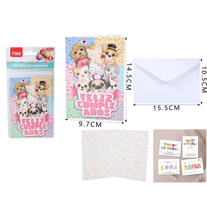Set De Tarjeta Invitación Feliz Cumple Perritos 1