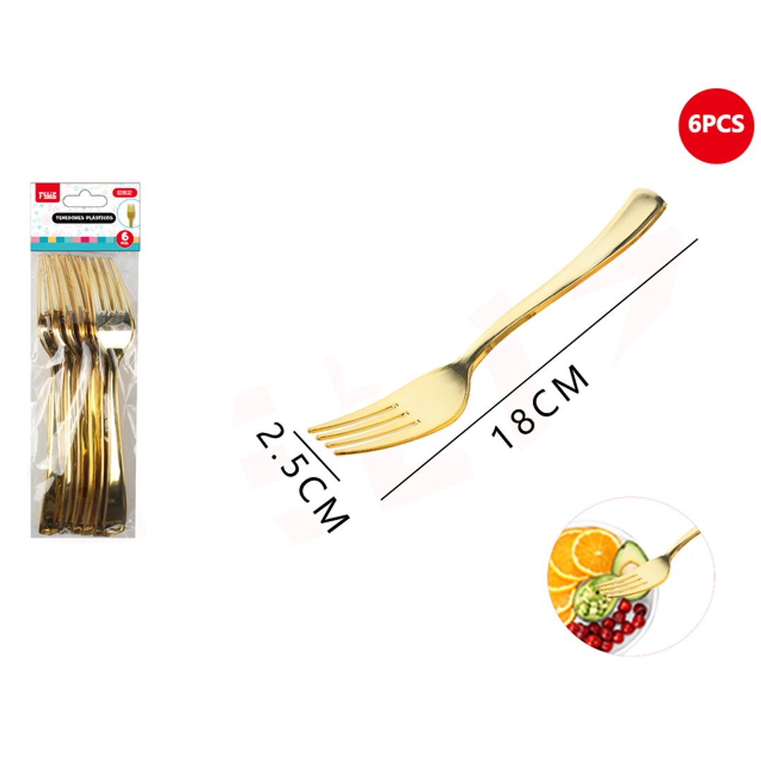 Tenedores Plasticos Dorado 2.5x18Cm 6Pcs 1