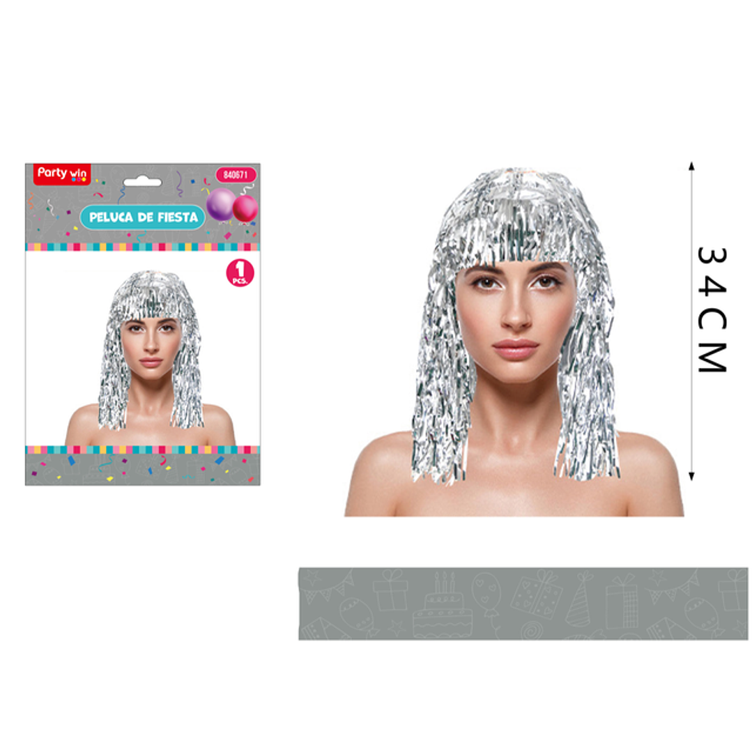 Peluca Metalica Plateado 34 Cm 1