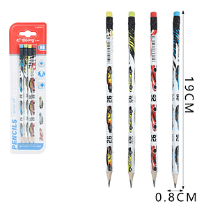 Lapices Grafito Hb/Goma Autos 19Cm 4Pcs