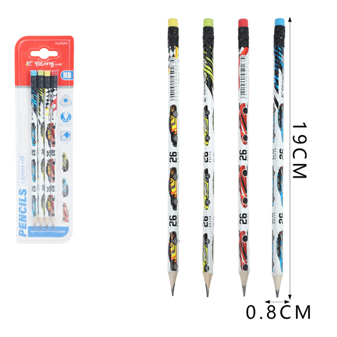 Lapices Grafito Hb/Goma Autos 19Cm 4Pcs 1