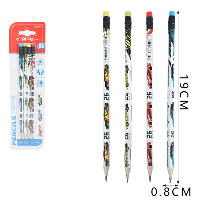 Lapices Grafito Hb/Goma Autos 19Cm 4Pcs 1