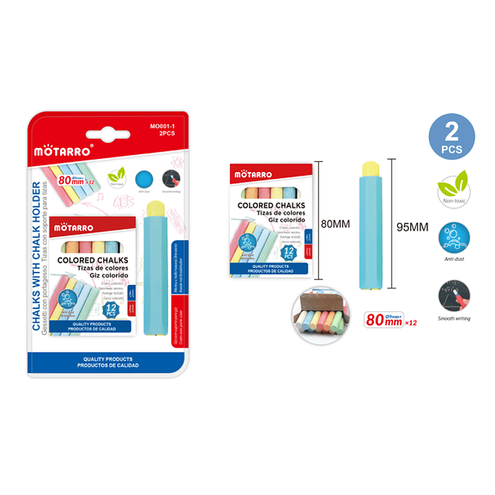 Tizas Color+Portatozas 80Mm 2Pcs 1