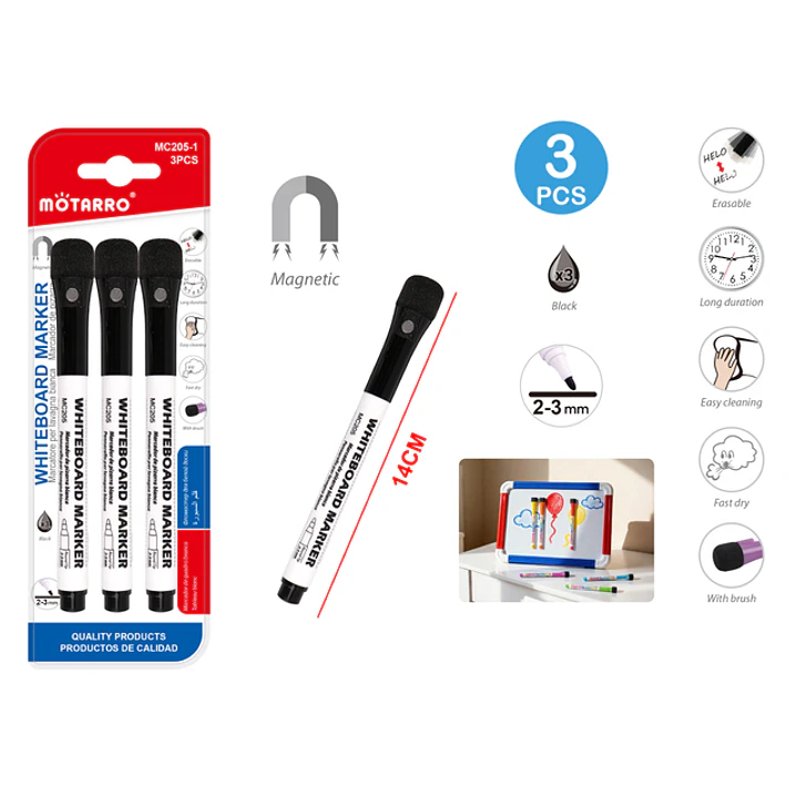 Marcador De Pizarra C/Borrador Negro 14Cm 3Pcs 1