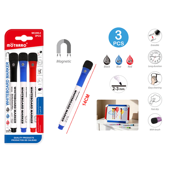 Marcador De Pizarra C/Borrador Negro/Rojo/Azul 14Cm 3Pcs 1