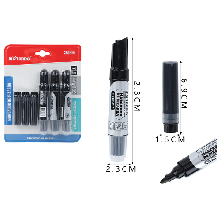 Marcador De Pizarra+Recambio Negro Redonda 3 + 3Pcs 1