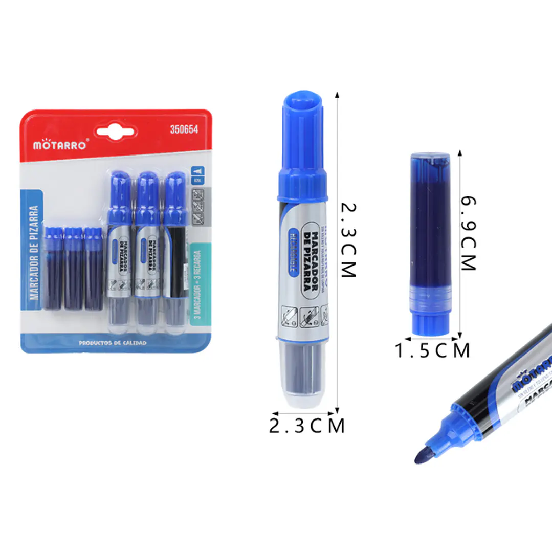 Marcador De Pizarra + Recambio Azul Redonda 3 + 3Pcs 1
