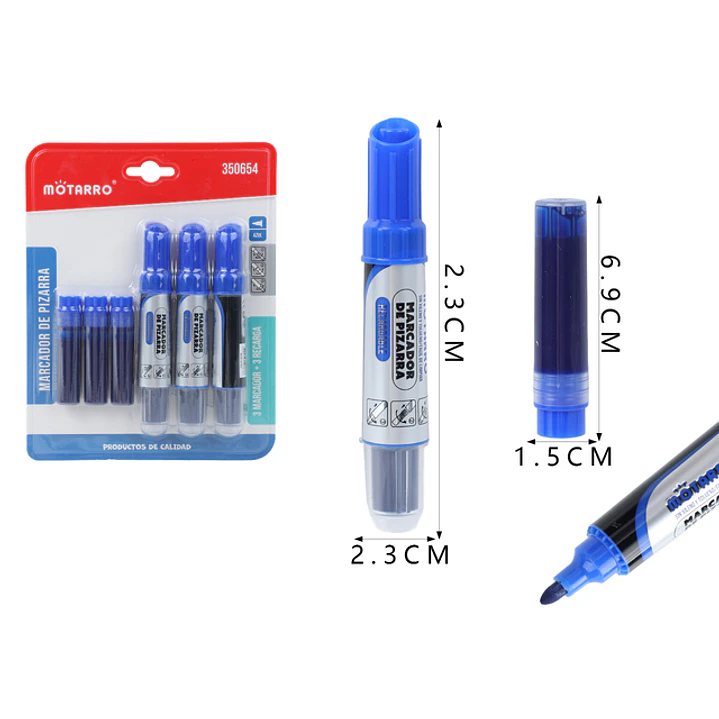 Marcador De Pizarra + Recambio Azul Redonda 3 + 3Pcs 1