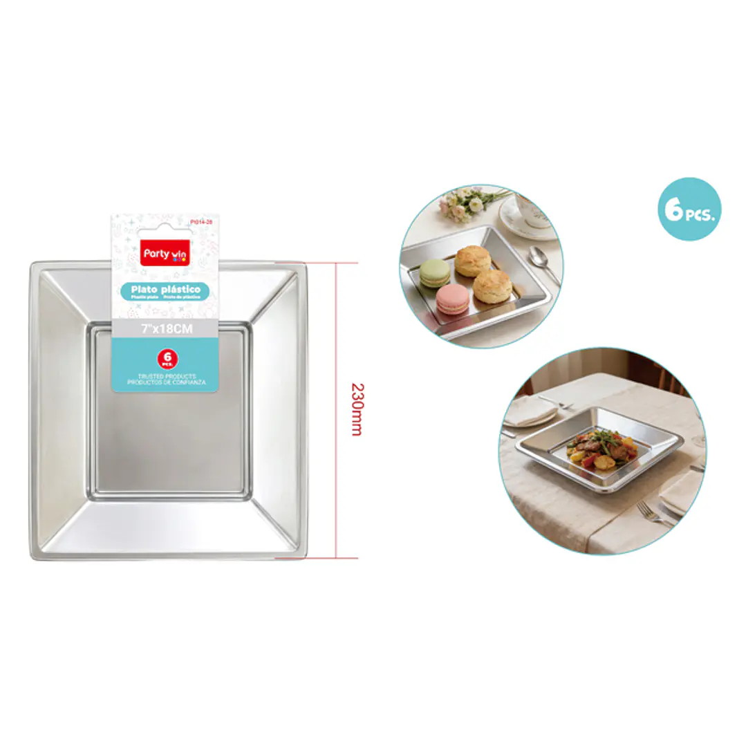 Platos Laminado Cuadrado Plateado 23Cm 6 Unidades 1