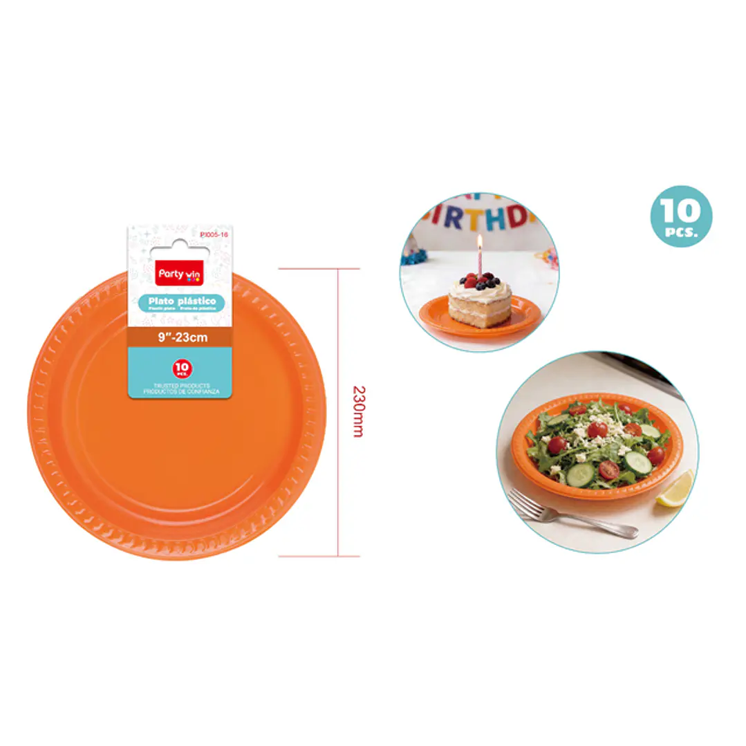 Platos Plastico Naranjo 23Cm 10 Unidades 1