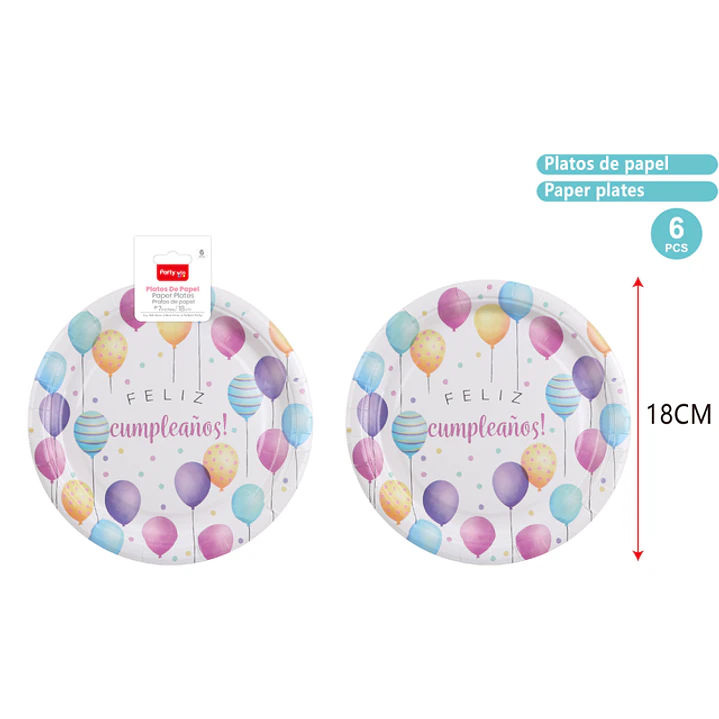 Platos De Papel F.Cumple Globos 18Cm 6 Unidades 1