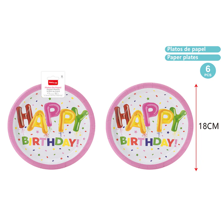 Platos De Papel F.Cumple Rosado 18Cm 6 Unidades 1